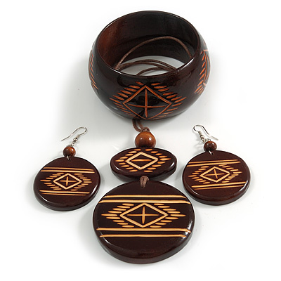 Long Brown Cord Wooden Pendant with with Tribal Motif, Drop Earrings and Bangle Set in Brown - 76cm L/ M Size Bangle - main view