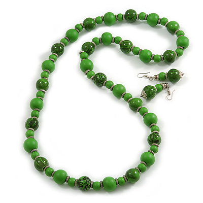 Long Wood Bead Necklace and Earring Set with Animal Print in Green/ 80cm L
