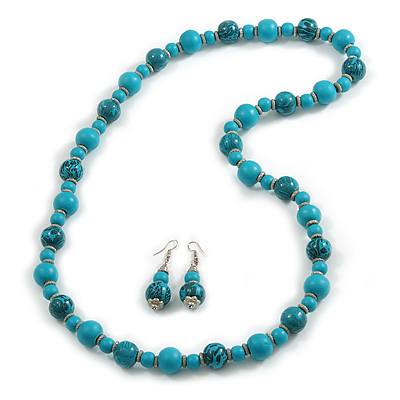 Long Wood Bead Necklace and Earring Set with Animal Print in Turquoise Colour/ 80cm L - main view
