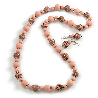Long Wood Bead Necklace and Earring Set with Animal Print in Pastel Pink/ 80cm L - main view