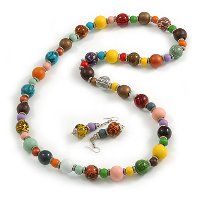 Long Wood Bead Necklace and Earring Set with Animal Print in Multi/ 80cm L - main view