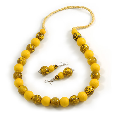 Chunky Wood Bead Cord Necklace and Earring Set with Animal Print in Yellow/ 76cm L - main view