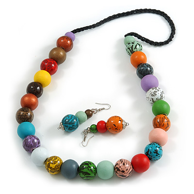 Chunky Wood Bead Cord Necklace and Earring Set with Animal Print in Multicoloured/ 76cm L