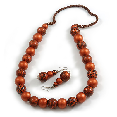 Chunky Wood Bead Cord Necklace and Earring Set with Animal Print in Copper Colour/ 76cm L - main view