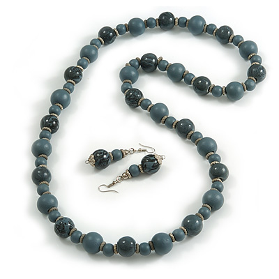 Long Wood Bead Necklace and Earring Set with Animal Print in Grey/ 80cm L - main view