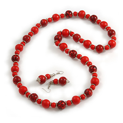 Long Wood Bead Necklace and Earring Set with Animal Print in Red/ 80cm L - main view