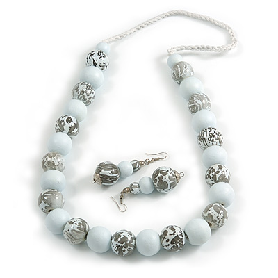 Chunky Wood Bead Cord Necklace and Earring Set with Animal Print in White/ 76cm L