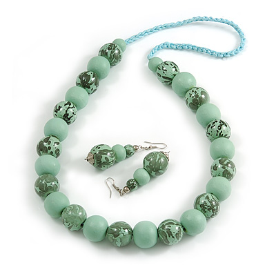 Chunky Wood Bead Cord Necklace and Earring Set with Animal Print in Mint/ 76cm L - main view