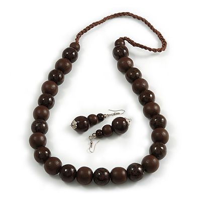 Chunky Wood Bead Cord Necklace and Earring Set with Animal Print in Dark Brown/ 76cm L - main view