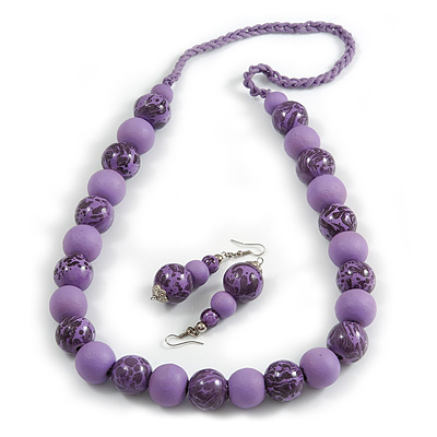 Chunky Wood Bead Cord Necklace and Earring Set with Animal Print in Lavender Purple/ 76cm L - main view