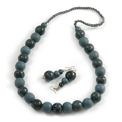 Chunky Wood Bead Cord Necklace and Earring Set with Animal Print in Grey/ 76cm L - main view