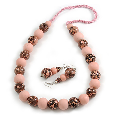 Chunky Wood Bead Cord Necklace and Earring Set with Animal Print in Pastel Pink/ 76cm L - main view