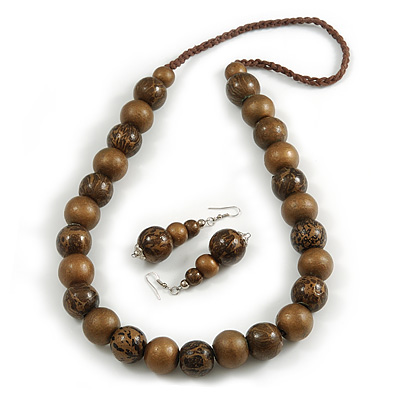 Chunky Wood Bead Cord Necklace and Earring Set with Animal Print in Brown/ 76cm L - main view