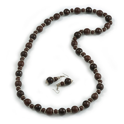 Long Wood Bead Necklace and Earring Set with Animal Print in Brown Colour/ 80cm L - main view