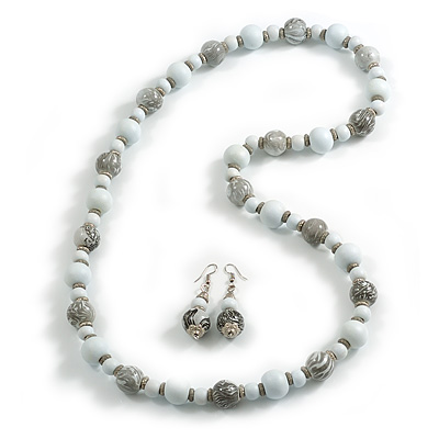 Long Wood Bead Necklace and Earring Set with Animal Print in White/Black/ 80cm L - main view