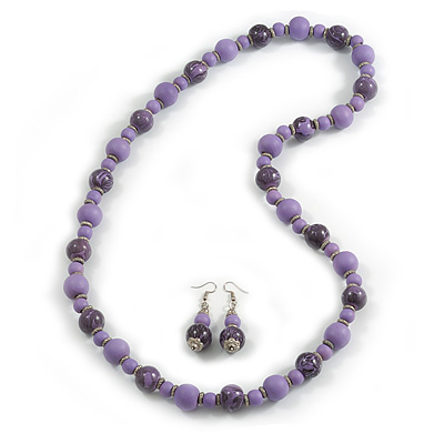 Long Wood Bead Necklace and Earring Set with Animal Print in Lilac Purple Colour/ 80cm L - main view