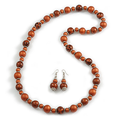Long Wood Bead Necklace and Earring Set with Animal Print in Metallic Copper/ 80cm L - main view