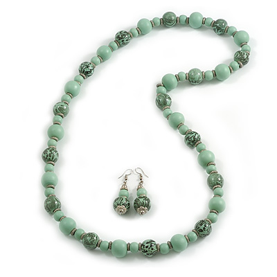 Long Wood Bead Necklace and Earring Set with Animal Print in Mint Colour/ 80cm L - main view
