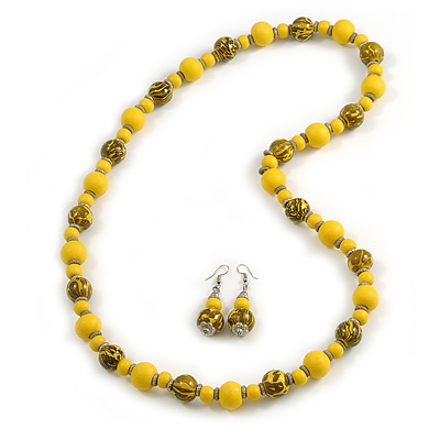 Long Wood Bead Necklace and Earring Set with Animal Print in Yellow Colour/ 80cm L - main view