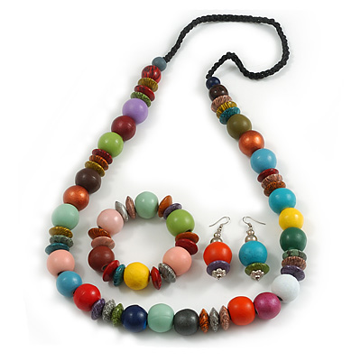 Multicoloured Long Wooden Bead Necklace, Flex Bracelet and Drop Earrings Set - 88cm Long