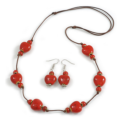 Red Ceramic Heart Bead Brown Cord Necklace and Drop Earrings Set/48cm L/Slight Variation In Colour/Natural Irregularities
