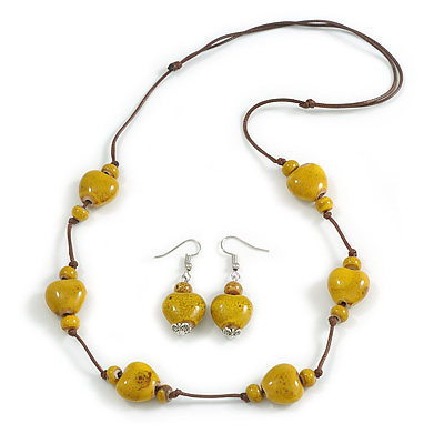 Dusty Yellow Ceramic Heart Bead Brown Cord Necklace and Drop Earrings Set/48cm L/Slight Variation In Colour/Natural Irregularities