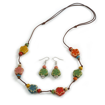 Multicoloured Ceramic Flower Bead Brown Cord Necklace and Drop Earrings Set/48cm L/Slight Variation In Colour/Natural Irregularities