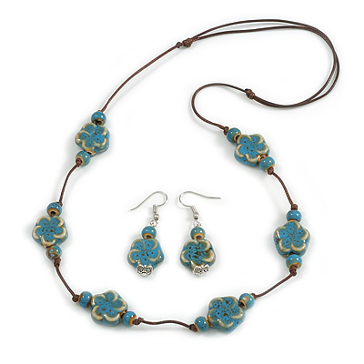 Dusty Blue Ceramic Flower Bead Brown Cord Necklace and Drop Earrings Set/48cm L/Slight Variation In Colour/Natural Irregularities