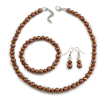 8mm/Bronze Glass Bead and Brown Faux Pearl Necklace/Flex Bracelet/Drop Earrings Set - 41cmL/4cm Ext