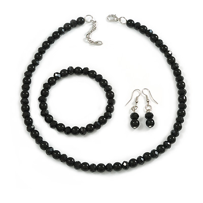 8mm/Glass Bead and Faux Pearl Necklace/Flex Bracelet/Drop Earrings Set in Black - 43cmL/4cm Ext - main view