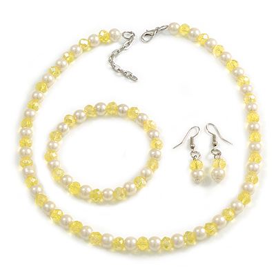 8mm/Lemon Yellow Glass Bead and White Faux Pearl Necklace/Flex Bracelet/Drop Earrings Set - 43cmL/4cm Ext - main view