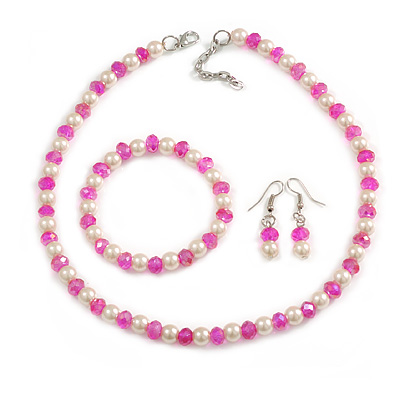 8mm/Fuchsia Glass Bead and White Faux Pearl Necklace/Flex Bracelet/Drop Earrings Set - 43cmL/4cm Ext