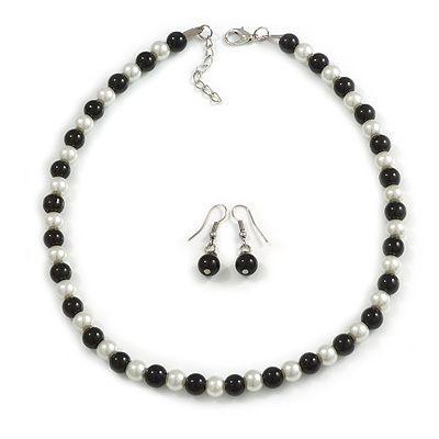 8mm Black/White Glass Bead Necklace and Drop Earrings Set - 40cm L/ 3cm Ext - main view