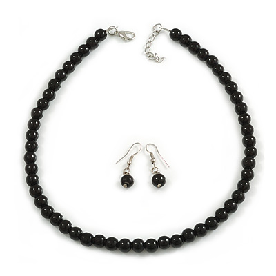 8mm Black Ceramic Bead Necklace and Drop Earrings Set/41cm L/ 5cm Ext - main view