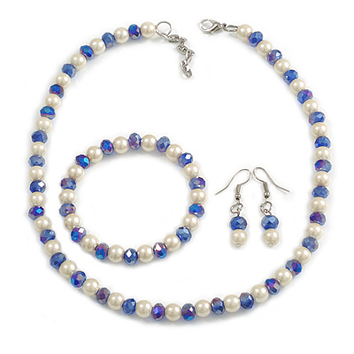 8mm/Blue Glass Bead and White Faux Pearl Necklace/Flex Bracelet/Drop Earrings Set - 43cm L/4cm Ext - main view
