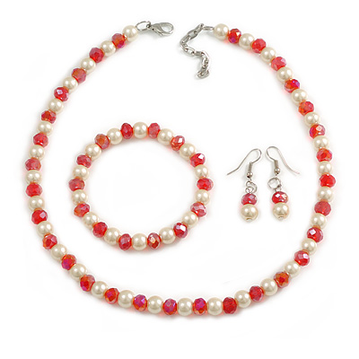 8mm/Red Glass Bead and White Faux Pearl Necklace/Flex Bracelet/Drop Earrings Set - 43cm L/4cm Ext - main view