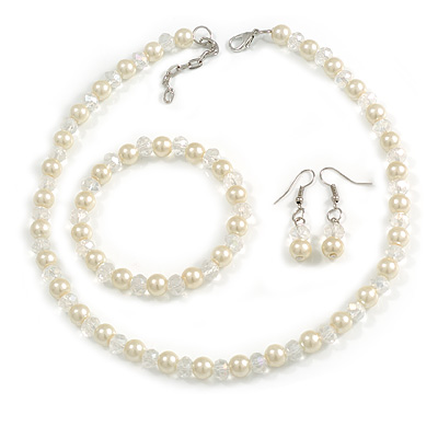 8mm/Clear Glass Bead and Cream Faux Pearl Necklace/Flex Bracelet/Drop Earrings Set - 43cmL/4cm Ext - main view