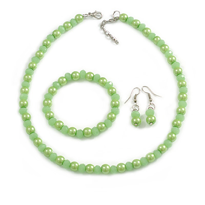 8mm/Seafoam Green Glass Bead and Pea Green Faux Pearl Necklace/Flex Bracelet/Drop Earrings Set - 43cm L/4cm Ext