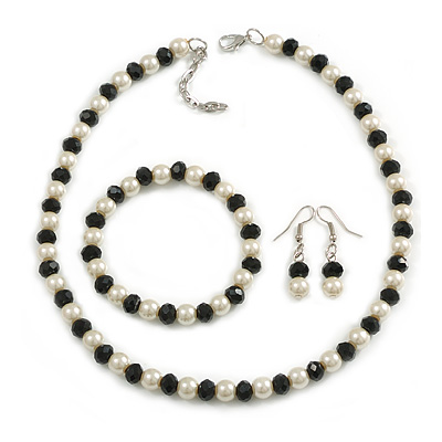 8mm/Black Glass Bead and White Faux Pearl Necklace/Flex Bracelet/Drop Earrings Set - 43cmL/4cm Ext