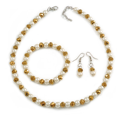 8mm/Bronze Brown Glass Bead and White Faux Pearl Necklace/Flex Bracelet/Drop Earrings Set - 43cm L/4cm Ext - main view
