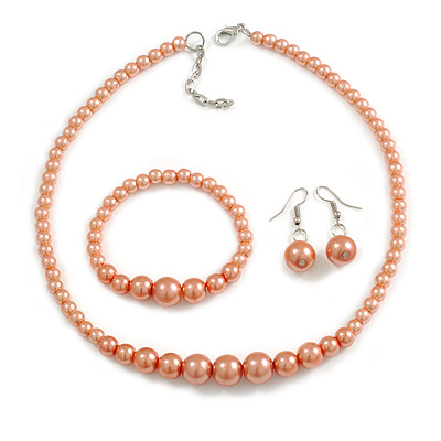 Peach Orange Glass Bead Necklace/ Stretch Bracelet/Drop Earrings Set - 44cm L/ 4cm Ext - main view