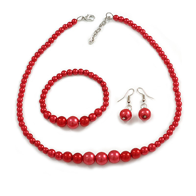 Red Glass Bead Necklace/ Stretch Bracelet/Drop Earrings Set - 44cm L/ 4cm Ext