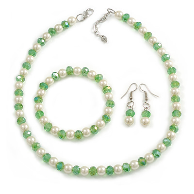 8mm/Spring Green Glass Bead and White Faux Pearl Necklace/Flex Bracelet/Drop Earrings Set - 43cm L/4cm Ext