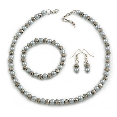 8mm/Hematite Glass Bead and Grey Faux Pearl Necklace/Flex Bracelet/Drop Earrings Set - 43cmL/4cm Ext - main view