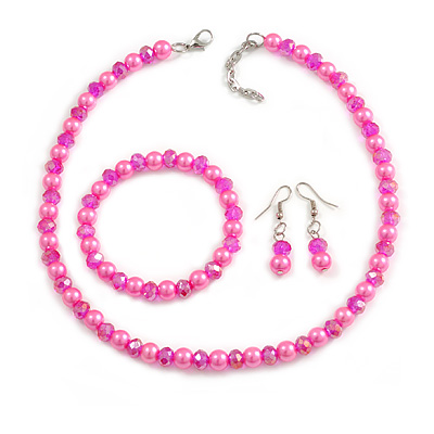 8mm/Glass Bead and Faux Pearl Necklace/Flex Bracelet/Drop Earrings Set in Pink Colours - 43cmL/4cm Ext - main view
