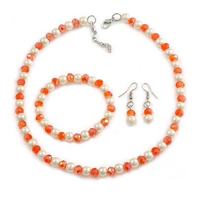 8mm/Orange Glass Bead and White Faux Pearl Necklace/Flex Bracelet/Drop Earrings Set - 43cmL/4cm Ext - main view