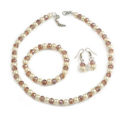8mm/Plum Purple Glass Bead and Cream Faux Pearl Necklace/Flex Bracelet/Drop Earrings Set - 43cm L/4cm Ext - main view