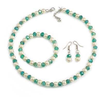 8mm/Green Glass Bead and White Faux Pearl Necklace/Flex Bracelet/Drop Earrings Set - 43cm L/4cm Ext