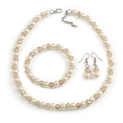 8mm/Light Pink Glass Bead and Cream Faux Pearl Necklace/Flex Bracelet/Drop Earrings Set - 43cm L/4cm Ext - main view