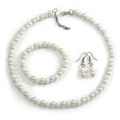 8mm/Glass Bead and Faux Pearl Necklace/Flex Bracelet/Drop Earrings Set in White Colours - 43cmL/4cm Ext - main view